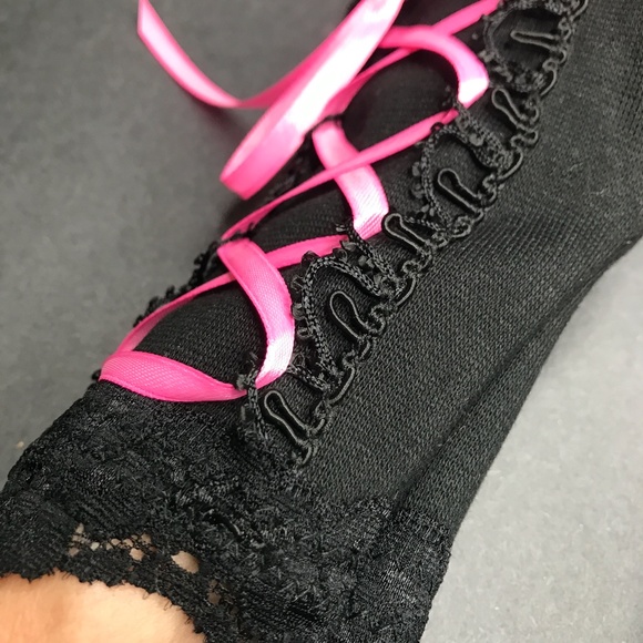 Short Corset Fingerless Gloves Pink Lace Up Arm Cuffs Princess Goth Sexy Sleeves - Picture 5 of 6